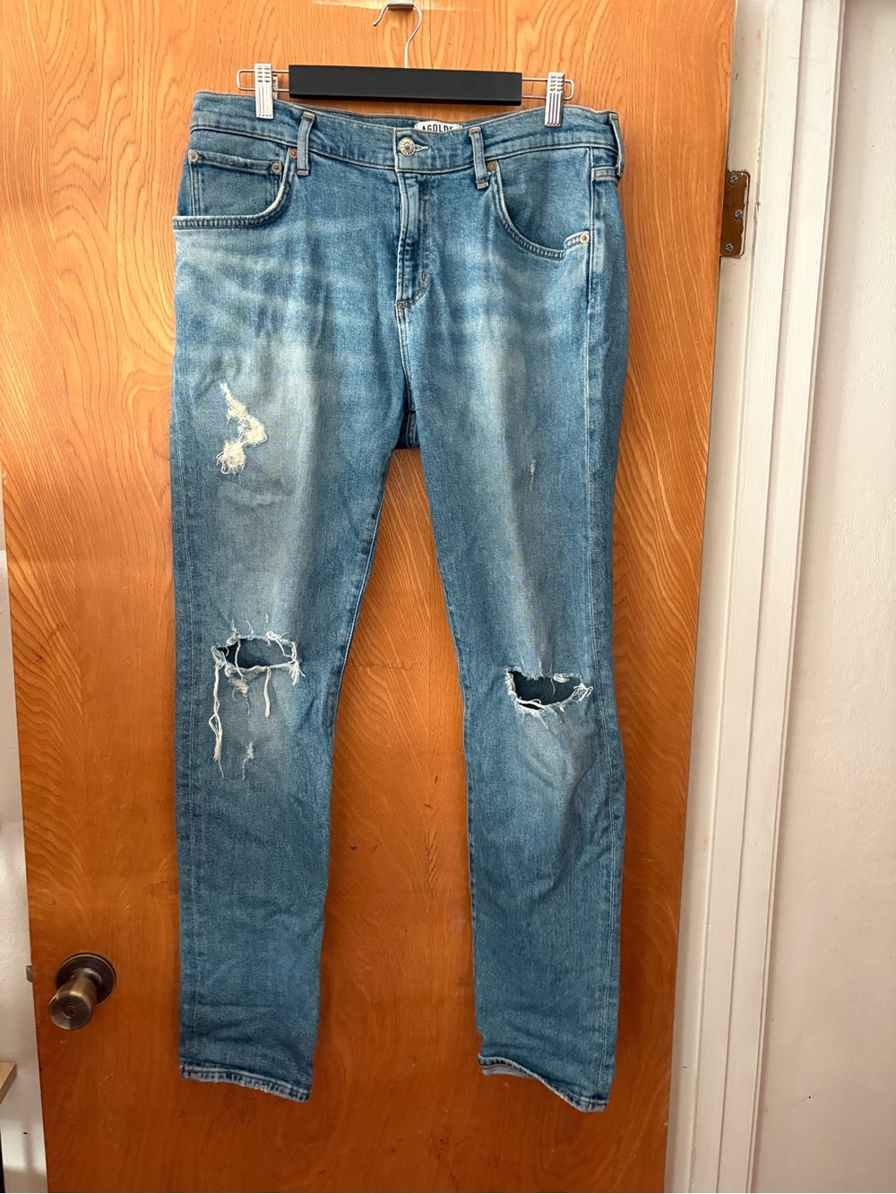 Agolde Women's Light Blue Straight Leg Distressed Jeans 34